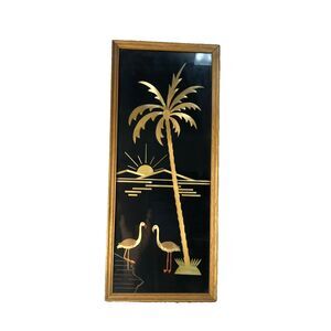 VTG Mid Century  Straw Art Tropical 2 Flamingos Palm Tree Framed 16.5”x7”